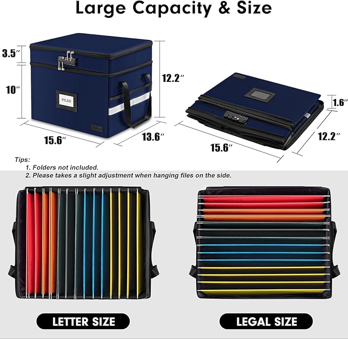 ETRONIK Fireproof Document Box with Lock, 2-Layer File Box Storage Organizer with 5 Tabs& Insert, Portable File Cabinet Storage Box with Handle for Hanging Letter,Legal Size Folder,Certificate, Blue