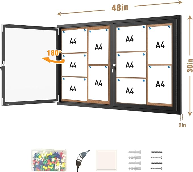 Mifuro 48"x34" Enclosed Bulletin Board, Outdoor Lockable Weather-Resistant Aluminum Cork Noticeboard for School & Office, Black Frame w/Cork