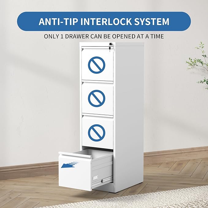 4 Drawer File Cabinet with Lock,Metal File Cabinet for Home Office | White Vertical Filing Cabinets Heavy Duty Office Storage Cabinets for Letter/Legal/A4/F4 Size File, Assembly Required