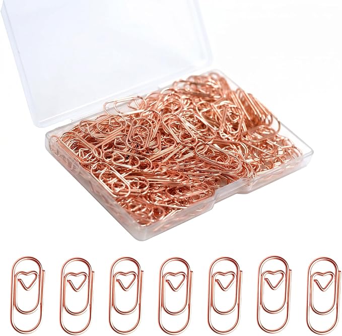 200 Pcs Cute Rose Gold Heart Shaped Paper Clips, Mini Stainless Steel Decorative Paperclips for Office School Home Desk Organizers, Wedding Invitation Accessories (Rose Gold)