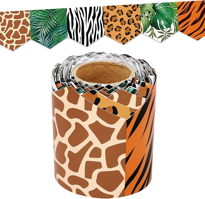 Whaline 32.8Ft Safari Bulletin Board Border Jungle Animal Print Leaves Die Cut Trim Border Roll for Back to School Safari Birthday Chalkboard Wall Decor