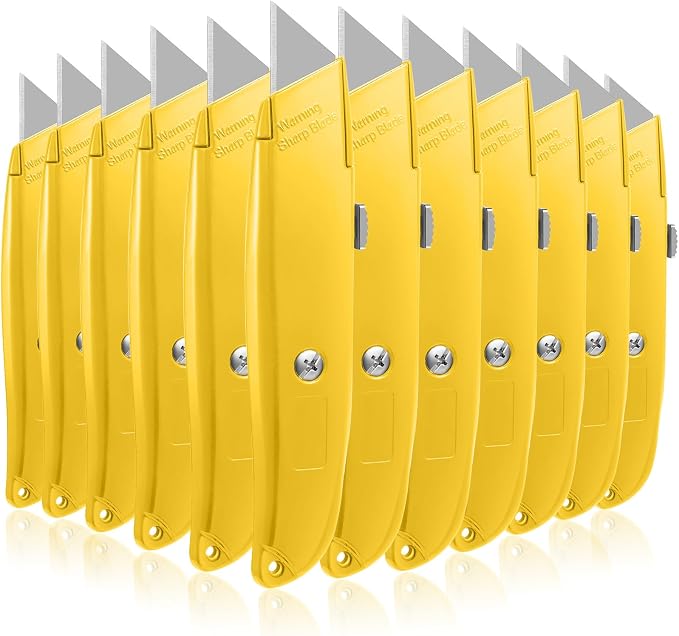 Lasnten 12 Pcs Box Cutter Bulk Retractable Utility Knife Heavy Duty Aluminum Alloy Carpet Knife Package Opener Cutter Blade for Cardboard Plastics Cartons DIY Home Warehouse Office(Yellow)