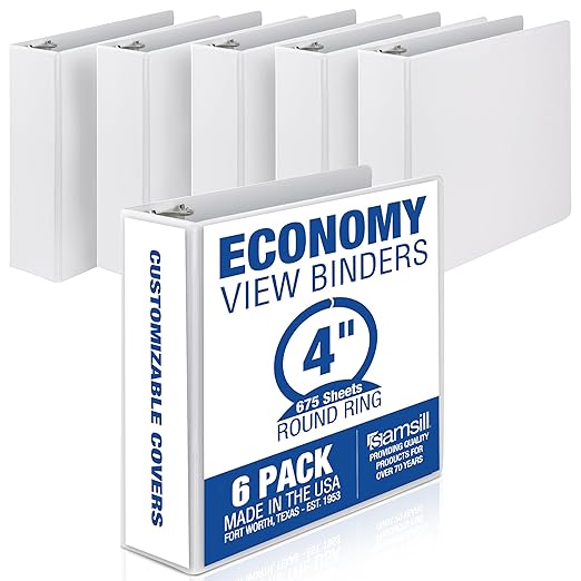 Samsill 4 Inch 3 Ring Binders, Economy Round Ring, Clear View Cover, 675 Sheet Capacity - for School, Home, Office - White, 6 Pack