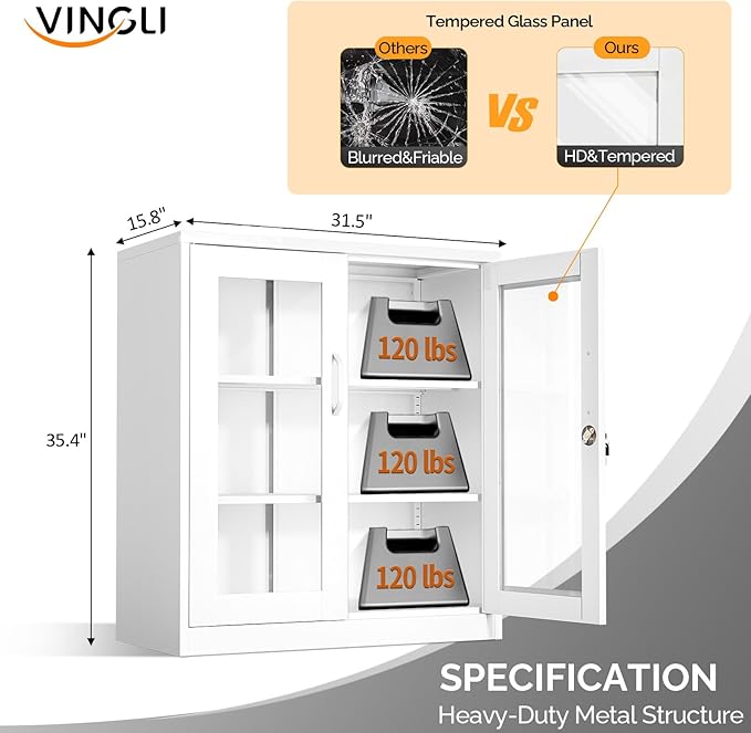 VINGLI Lockable Display Cabinet with Glass Door & 3 Shelves, 35.5" H Metal Storage Cabinet Curio Liquor, Bookshelf Bookcase for Home Office Living Room Pantry Garage (White)