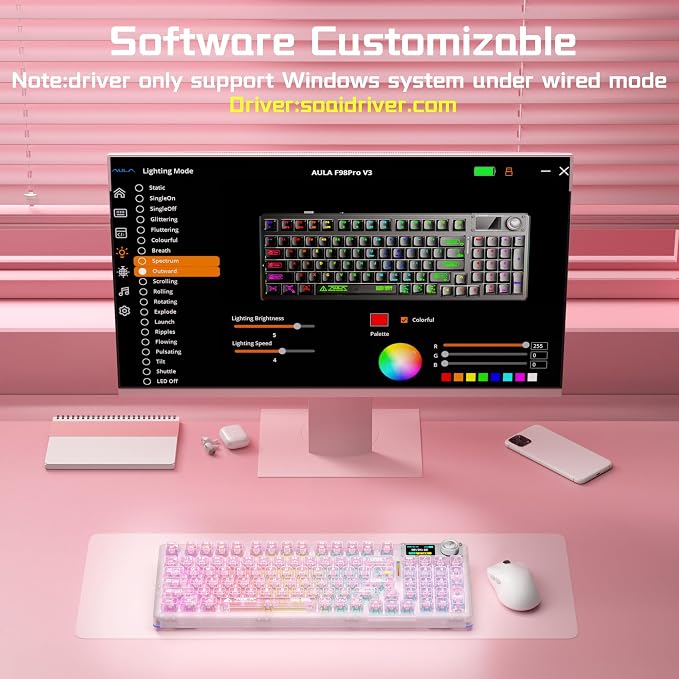 Aula F98Pro V3 Wireless Mechanical Gaming Clear Keyboard with Screen & Knob | Triple-Mode Hot Swappable, Gasket Mount Linear Switches, Clear Keycaps RGB Backlit, TFT Screen 10000mAh Battery for PC/Office