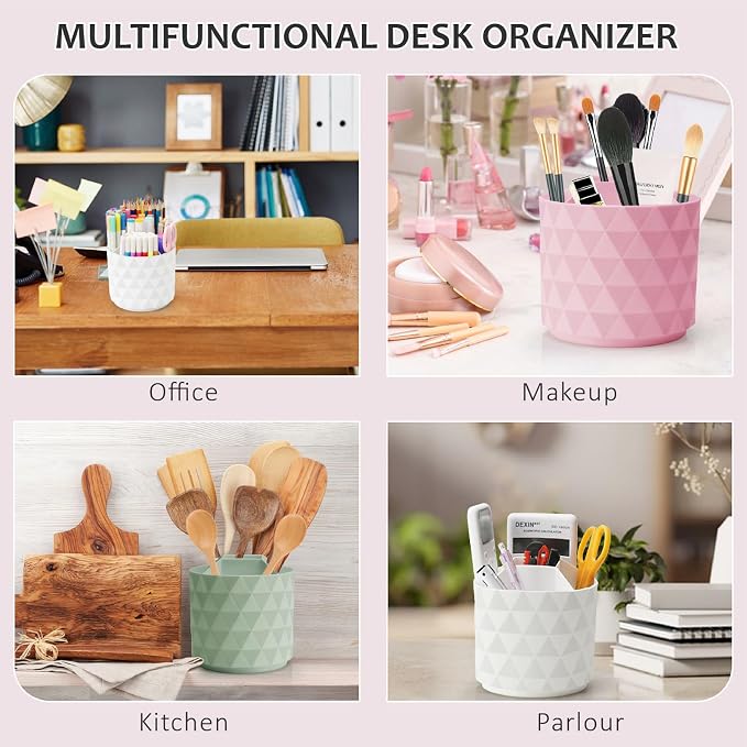 Desk Organizer, 360-Degree Rotating Pencil Pen Holders For Desk, Diamond Pattern Pen Organizer With 5 Compartments, Cute Desk Accessories Decor For Office, School,Home,Art Supply (White)