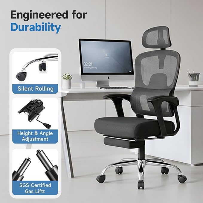 Ergonomic Office Chair with Footrest, 90-145° Reclining Desk Chair with Adjustable Lumbar Support & Headrest, High Back Mesh Computer Chair for Home Office/Gaming, 350lbs Capacity