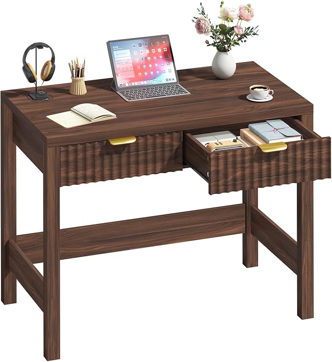 32 Inch Small Fluted Computer Desk with 2 Drawers for Bedroom, Home Office | Small Computer Desk with Storage, Compact Writing Study Desk for Small Spaces, Walnut