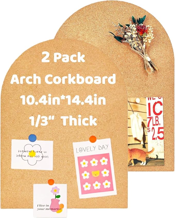 Okydoky 8mm Thick Arch Cork Boards,10.6 x 14.6in Self-Adhesive Pin Board,2 PC for Home Office Decor(2737Arch-2pcs-8mm)