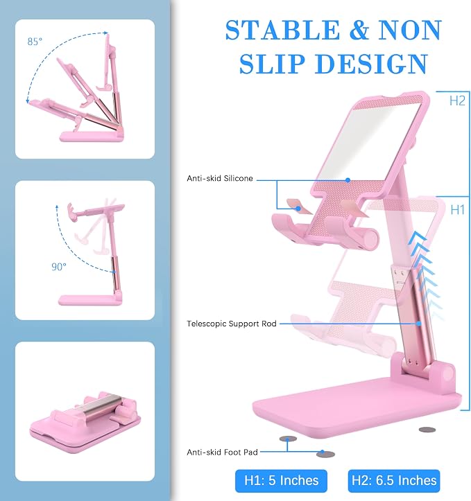 Cell Phone Stand, Adjustable Angle and Height Cell Phone Holder for Desk, Foldable and Portable, Anti-Slip Silicone Pad, Compatible with All Mobile Phones and 4-8 Inch Devices (Pink&Green)