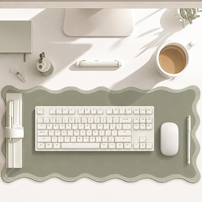 Hahafelt Scalloped Desk Mat Waterproof,Sage Green,31.5 X 15.8 Inches | Coquette Preppy Style for School Office Makeup Vanity, Nonslip Gaming Desktop Protector with Scalloped Stitched Edge Mat