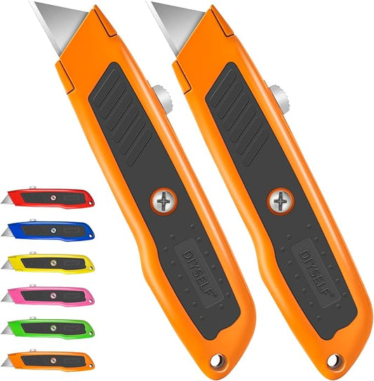 DIYSELF 2 Pack Utility Knife, Heavy Duty Box Cutter Retractable Knife, Aluminum Alloy & Rubber Handle, Razor Knife Carpet Cutter, Box Opener for Warehouse, Shop, Cardboard (Orange)