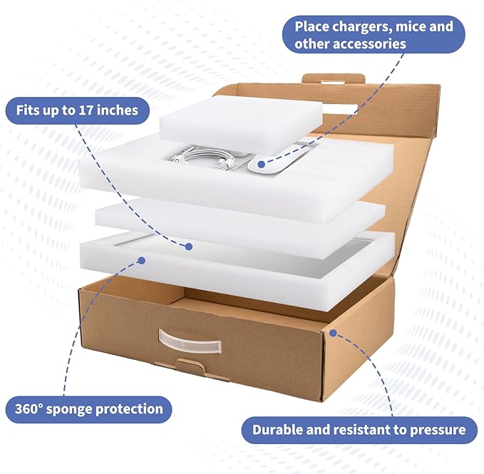Laptop Shipping Box with Protective Foam for up to 17.3 Inch Notebook, Cardboard Laptop Box for Shipping, Secure Mailing Boxes (17"L x 12"W x 4"H)