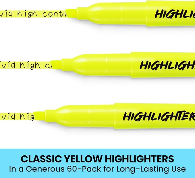 Taja 60 Pack Highlighters, Yellow, Chisel Tip with No Bleed Ink | Highlighters with Smooth Broad & Precise Lines, Ideal for Journaling & Note Taking, Study Essentials and Office Supplies