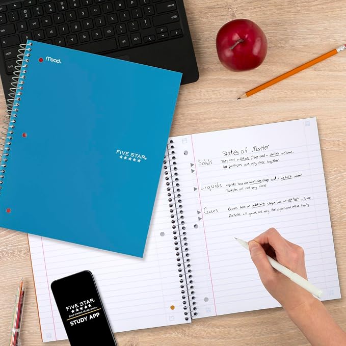 Five Star Spiral Notebook, 3 Subject, Wide Ruled | 8" x 10-1/2" | 150 Sheets | Water Resistant | Tidewater Blue | Pack of 6
