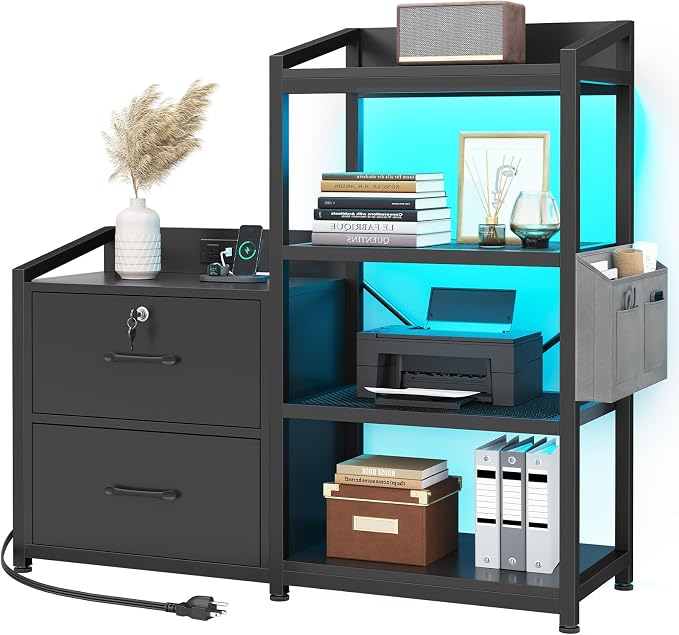 SEDETA 35.4” File Cabinet, Filing Cabinet fits Letter/A4 Size, 2 Drawe File Cabinets for Home Office with Power Strip, LED Lights, Lock, Open Shelf, Black
