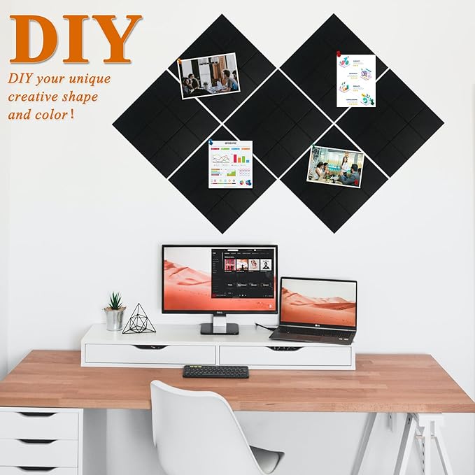 Large Square Felt Cork Board Tiles, Self Adhesive DIY Felt Bulletin Board Pin Board with 35 Pushpins for Office School Home Wall Decor Stickers Memos Photos Display (Black)