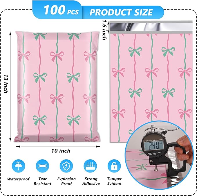Poly Mailer 10x13 Inch 100 Pcs, Waterproof and Tear-Resistant Shipping Bags for Clothing, Cute Mailing Bags with Self-Seal, Bow Printed Packaging Bags for Small Business