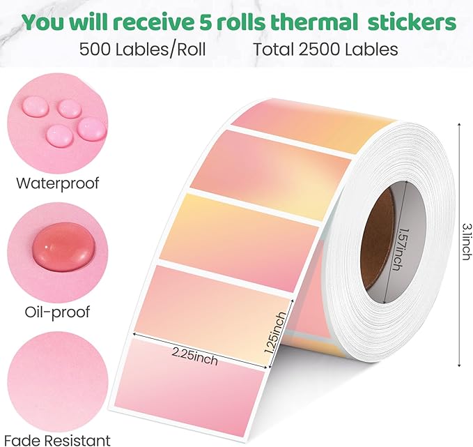 2500 Pcs Thermal Sticker Labels 1. 25 x 2. 25 Inch Rectangle Direct Thermal Labels Self Adhesive Multipurpose Printer Stickers for DIY Logo Design, Qr Code, Name Tag