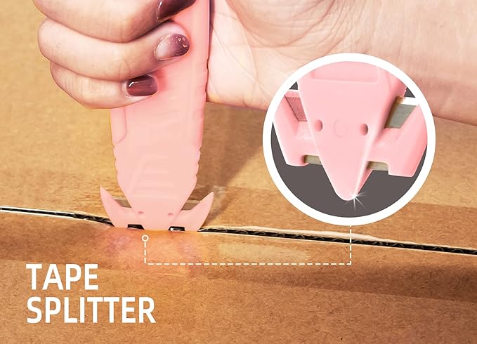 Safety Box Cutter, T TOVIA Sharp Durable Stainless Steel Concealed Blade Package Opener with Tape Splitter for Cartons, Cardboard, Wrap, Straps, Film (10 Pcs - Pink)
