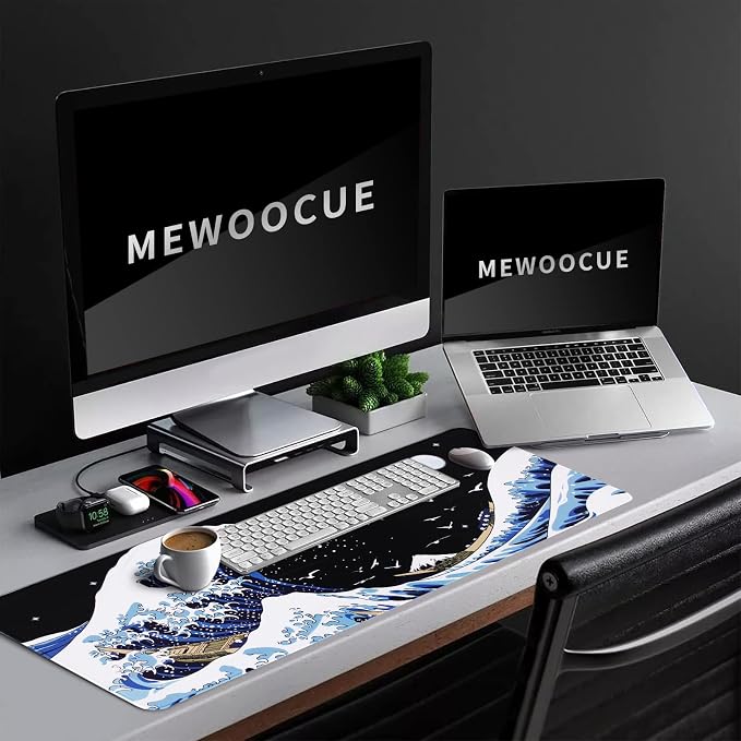 MEWOOCUE® Gaming Mouse Pad for Desk,Large Wave Mousepad Laptop,Black Japanese Anime Mouse Mat,Long XXL Waterproof Keyboard Pads,Big Non-Slip Mousepads for Game Office Home（35.4 x 15.7 in）
