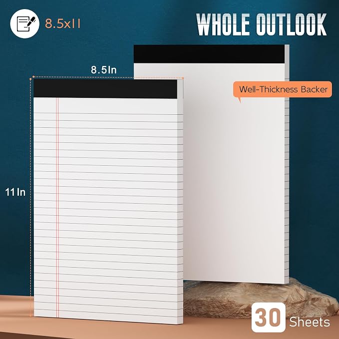 3 Pack White Legal Pads 8.5 x 11 Note Pads, Wide Ruled White Legal Notepads | Micro Perforated Lined Note Writing Pads 30 Sheets per Notepad Double-Side Printed Note Pad 8.5x11'' for Home, Office, School