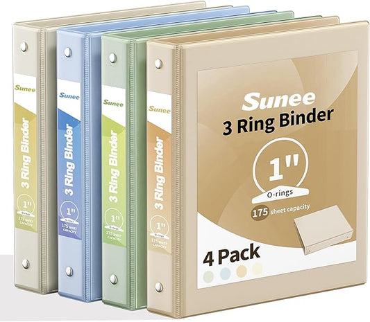 SUNEE 3 Ring Binder 1 Inch 4 Pack, Clear View Binder Three Ring PVC-Free (Fit 8.5x11 Inches) for School or Office Supplies, Neutral Aesthetic