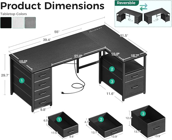 Coleshome 55 Inch L Shaped Office Desk with 6 Drawers, Power Outlet, Black | 5 Fabric Drawers, File Drawer, USB and Type-C Ports, Open Storage Shelf, Reversible Layout for Home Office