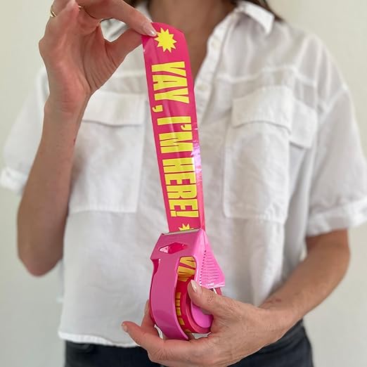 Decorative Packing Tape with Pink Dispenser – Yay I’m Here! Pink & Yellow, 1.88" x 22.2 Yards – Cute Printed Shipping Tape for Gifts, Small Business Essentials, and Mailers