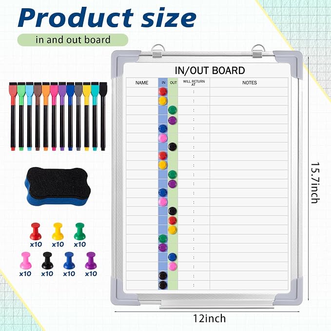 in and Out Magnetic Dry-Erase Board Aluminum Framed White Board with Lines Names with Magnetic Dry-Erase Marker, Eraser, and Magnets Wall-Mounted for Office Employee (16" X 12",Colored Styles)