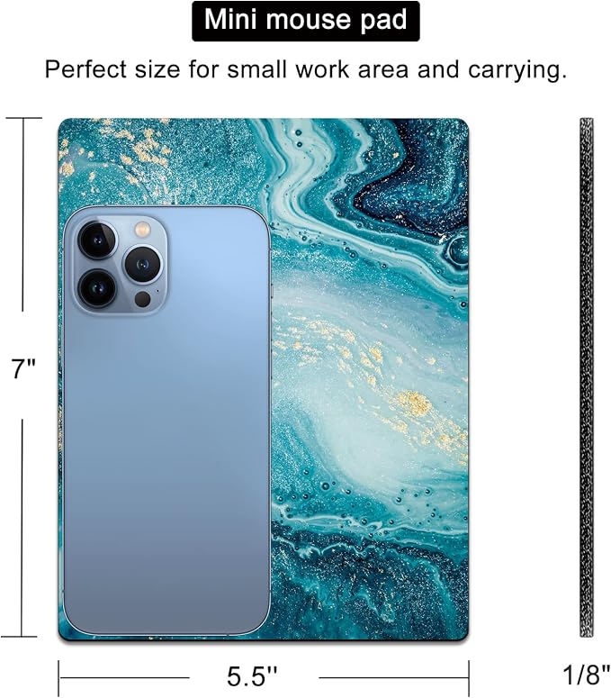 Small Mouse Pad Cute, Mini Mouse Pads for Wireless Mouse and Laptop, Travel Mousepads with Designs - Teal Alcohol Marble, Portable Mousepad - 5.5 x 7 Inch, Pretty Desk Decor for Women