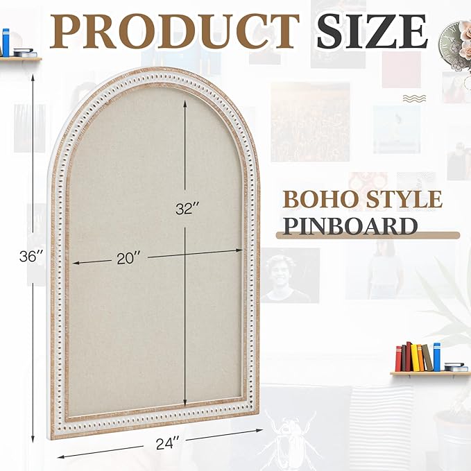 Vintage Framed Pin Board Linen Display Bulletin Board Large Ornate Fabric Picture Photo Pinboard Memo Decorative Prayer Pinboard Ornate for Wall Gift(Arch,24" X 36",Boho White)