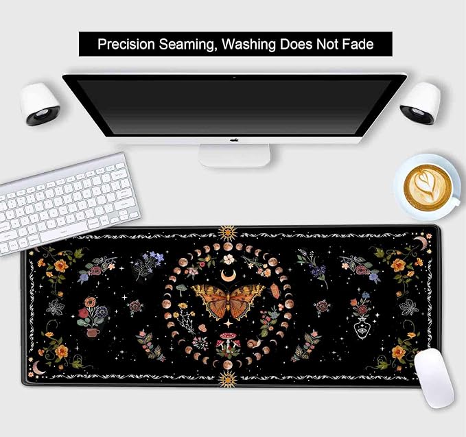 Gothic Moth Desk Pad Mat, Black Orange Large Mousepad, Moon Phases Desk Matt for Desktop, Suitable for Work, Gaming, Office, Home, Computer Accessories, 31.5 X 11.8 in, Floral Plant Aesthetic