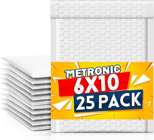 Metronic Bubble Mailer 6x10 Inch 25 Pack Usable Size 6x9" Self-Seal Padded Envelopes Cushioning Bubble Mailers for Christmas Gifts Packaging, Shipping, Mailing for Business, White Bulk #0