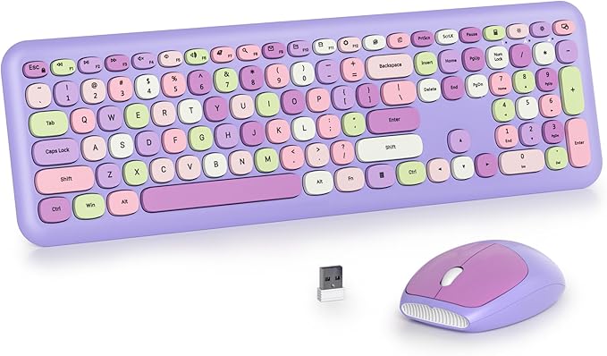 Surmen Cute Purple Keyboard and Mouse Wireless Silent, Full-Size Retro Typewriter Wireless Quiet Slim Colorful Keyboard Low-Noise 2.4GHz for Computer, Desktop, Laptop(6-Purple)