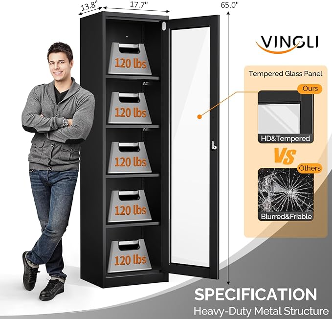 VINGLI Lockable Display Cabinet with Glass Door & 4 Adjustable Shelves, 65" Tall Metal Storage Cabinet Curio Liquor, Bookshelf Bookcase for Home Office Living Room Pantry Garage (Black)