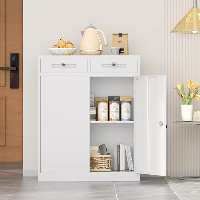 Metal Garage Storage Cabinets with Lock,Steel Storage Cabinet with Drawer and 2 Adjustable Shelves, Small Lockable Office Steel Cabinet for Home, Warehouse, School, White
