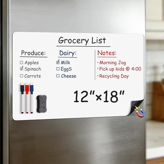 Magnetic Whiteboard for Fridge 18"x12": Magnet Dry Erase Board Sheet for Kitchen Curved Refrigerator as Grocery List Organizer with Markers and Eraser