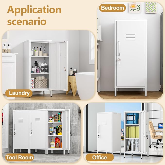 Metal Storage Locker,35.4" H Home Office Storage Lockers for Employees with 1 Locking Door ＆ 2 Adjustable Shelves,File Storage Cabinets forGarage, School, Office, Gym (White)