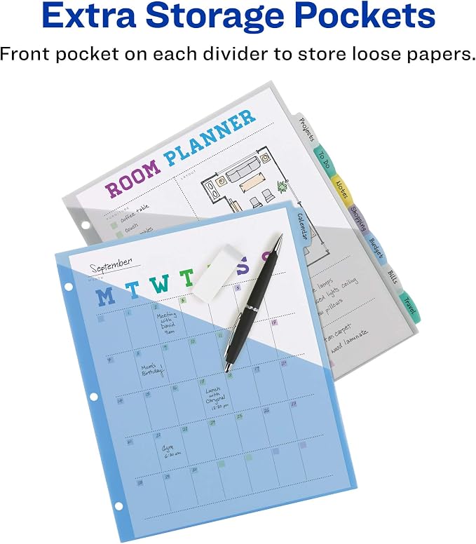 Avery Write & Erase Pocket Plastic Dividers for 3 Ring Binders,8-Tab Sets,Multicolor,Tabs Viewable Beyond Sheet Protectors,1 Set (16177),(Pack of 2)