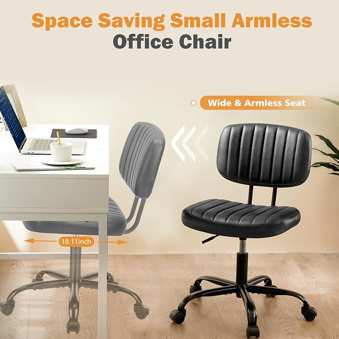 Sweetcrispy Office Desk Chair, Small Home Vanity Chair, Lumbar Support | Armless PU Leather, Height Adjustable Rolling Swivel Task, Bedroom Home Student, Black