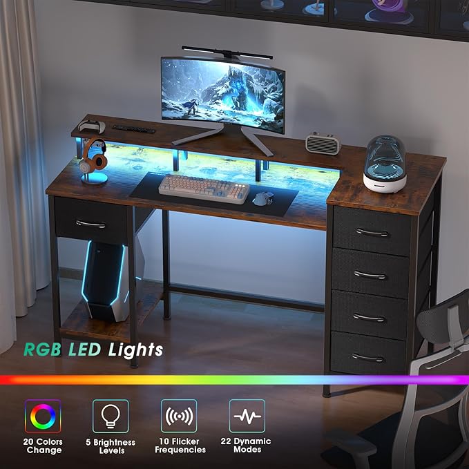 47 Inch Gaming Desk with Power Outlets and LED Lights, Reversible Computer Desk with 5 Fabric Storage Drawers, Home Office Desk with Monitor Stand for Working Writing Study, Rustic Brown