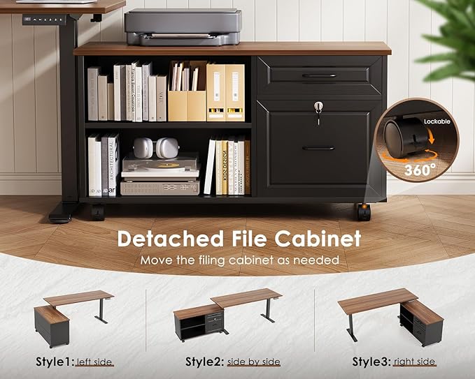 48" L Shaped Electric Standing Desk with Cabinet Sets, Walnut/Black | Mobile Drawers & File Cabinet Sets for Flexible Layout, Height Adjustable Executive Stand Up Desk for Home Office Workstation