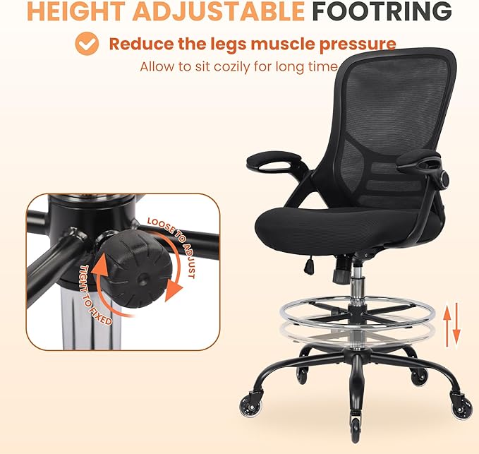 Drafting Chair Adjustable, Tall Office Chair Lumbar Support Ergonomic Standing Desk Chair Heavy Duty Tall Drafting Stool for Artists with Footrest Home Office Drafting Stool