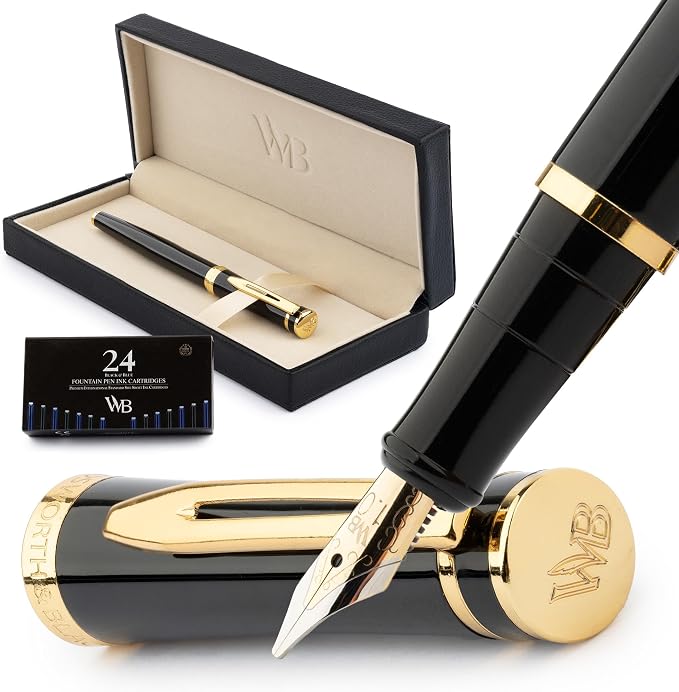 Wordsworth & Black Luxury Fountain Pen Set for Writing, Broad Nib, Black | Gift for Men & Women, Brass Body, 18K German Iridium, Calligraphy, Converter + 24 Ink Cartridges, Refillable, Leak-Free