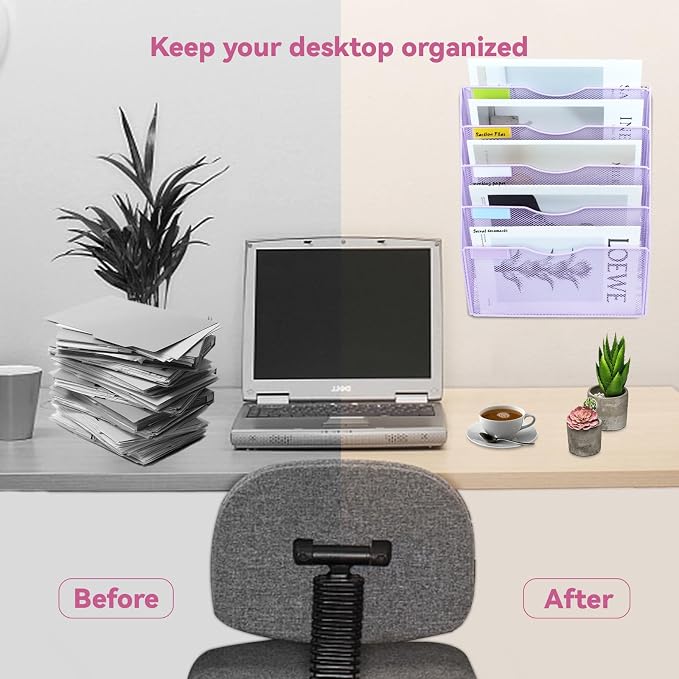 5 Pockets Mesh Wall File Holder Organizer Office Hanging File Folder Magazine Rack, Nametag Label Hooks Set Included (Purple)