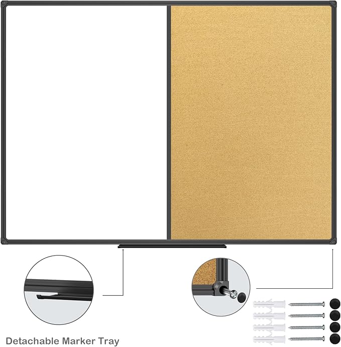 JILoffice White Board & Bulletin Corkboard Combination, Combo Board 48 x 36 Magnetic Whiteboard, Black Aluminum Frame Wall Mounted Board for Office Home and School with 10 Push Pins
