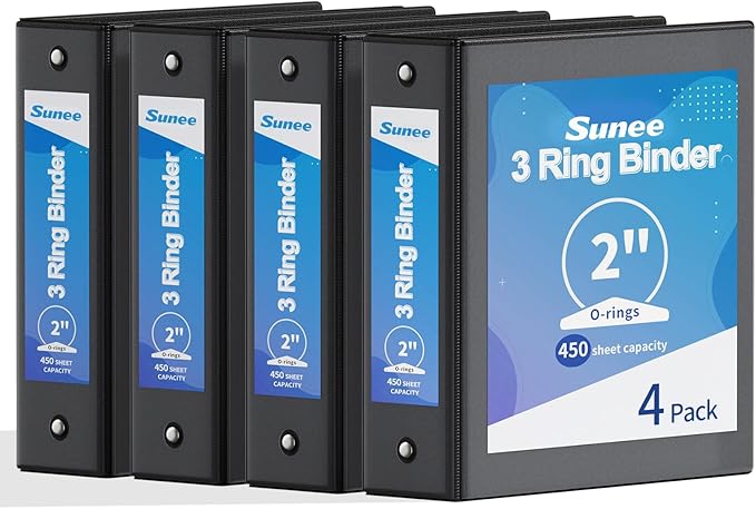 SUNEE 2 Inch Binders 3 Ring 4 Pack, PVC-Free Clear View 2" Binders (Fits 8.5x11 Inches) for School, Office & Home Use, Black