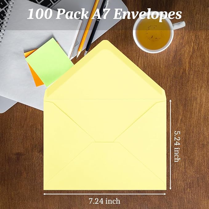 100 Pack A7 Envelopes, Light Yellow Greeting Card Envelopes Self Seal, 5.24 x 7.24 in Envelopes for Birthday Graduation Baby Shower Wedding Invitation Cards