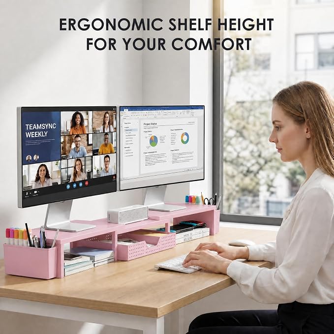 Desk Organizers and Accessories, Dual Monitor Stand Riser with Drawer and 2 Pen Holders, Desk Shelf Computer Racks for Office Workspace Organizers, Desktop Organization (Pink)
